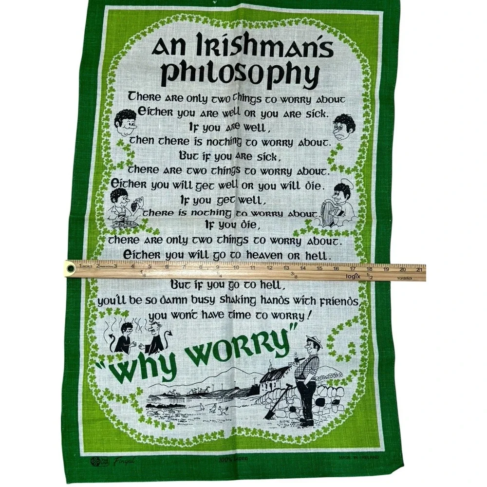 Irish Linen Tea Towel Irish Man's Philosophy Fingal Wall Hanging Ireland Flaw‎